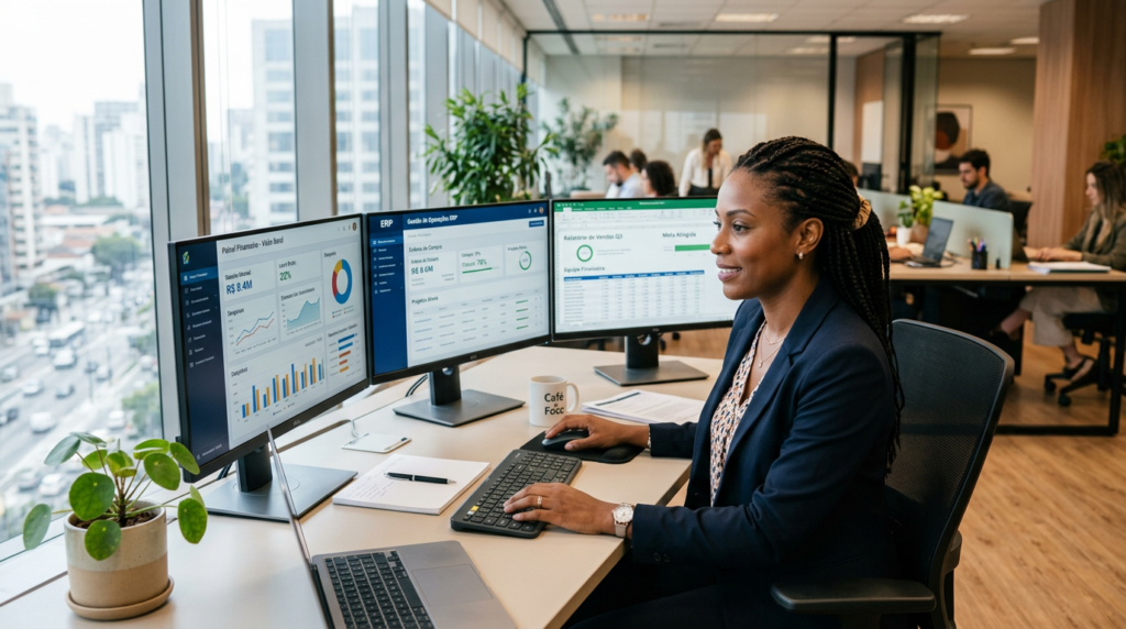 Consultora Protheus analisando dashboards de ERP e conformidade fiscal para ECD e ECF 2026