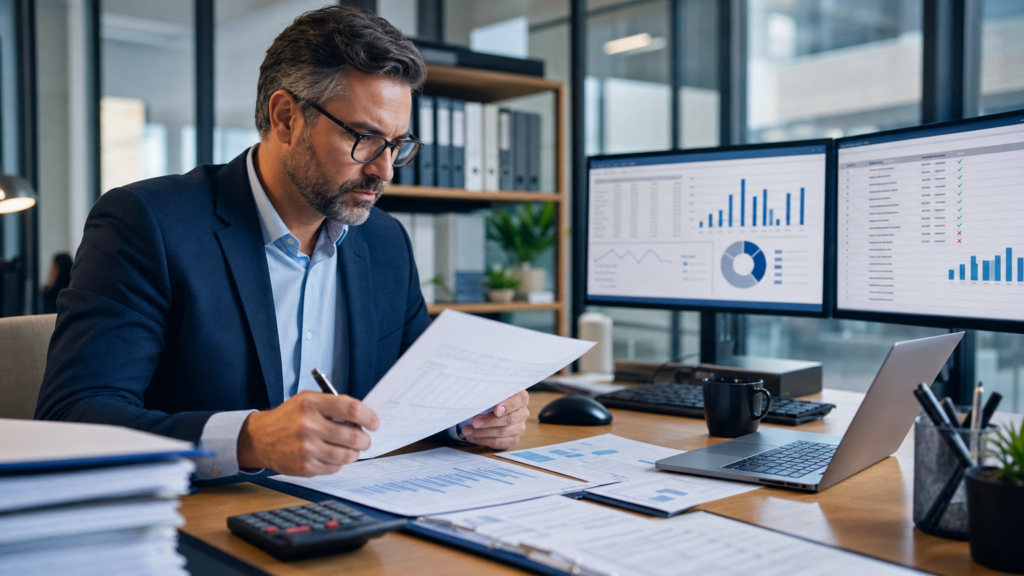 Profissional de contabilidade e fiscal revisando relatórios de conformidade, documentos de ECD e ECF em ambiente moderno, representando precisão e responsabilidade fiscal